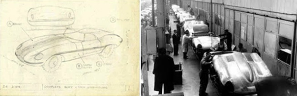 Primer dibujo de Malcom Sayer y los primeros E-Type en producción